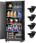 73 Inch Rolling Storage Cabinet With Locking Doors And Four Adjustable Shelves, fully stocked, with caster wheels shown.