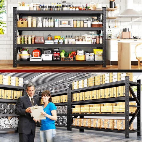 Beefy Heavy Duty Metal Garage Shelving Unit, 69 Inch Wide 4 Tier Adjustable Storage Racks, Industrial Steel Shelves Organizer For Garage, Warehouse, Workshop And Home, 69 W By 24 D By 64 H, loaded with pantry items