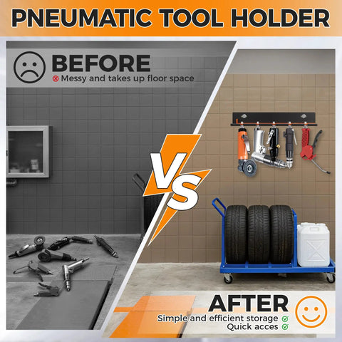 Comparison image showing a messy garage vs organized with Air Tool Wall Mount Rack With Five Slots, Lockable Pneumatic Tool Holder