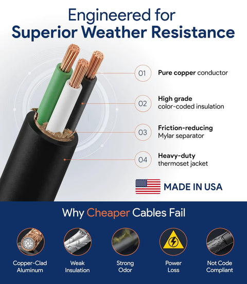 Cutaway of 14 Gauge 3 Conductor SOOW Wire For Industrial And Home Use, 14/3 Cable showing copper conductors, Made in USA