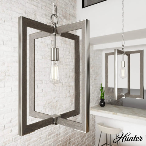 Woodburn One Light Pendant Light In Brushed Nickel Dimmable Modern Rectangle Fixture in kitchen setting