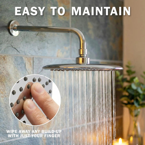 9 Inch Overhead Rain Shower Head With Self Cleaning Nozzles True Waterfall Drench High Flow Two Point Five GPM Chrome Finish