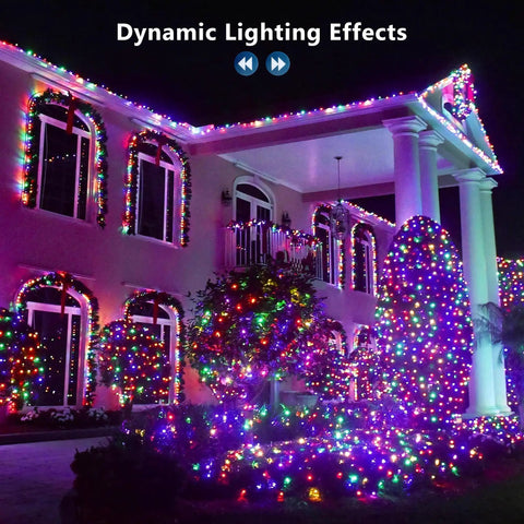 Outdoor house display with Color Changing Christmas Lights 33ft 100 LEDs RGB Red White Blue With Remote Dimmable USB Indoor Decor.