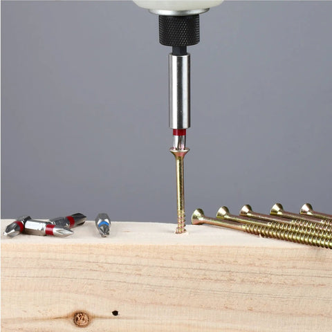 Ratcheting Screwdriver Bit And Socket Set With Magnetic Precision Bits in use with screws and a wooden surface.