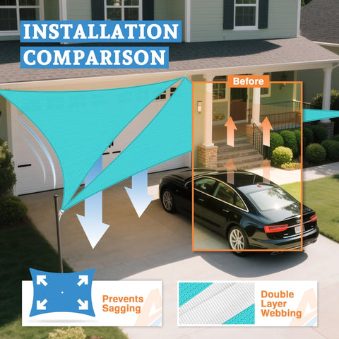 Installation comparison of Seventeen By Seventeen By Seventeen Foot Shade Sail Equilateral Triangle Canopy That Blocks 95 Percent UV