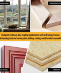 Image showing applications of Corrugated W Staples Fasteners One Half Inch Crown By Three Eighth Inch Length Micro Corrugated Staples, used in window frames, fastening wood joints, door frames, and OSB board for wood framing and projects.
