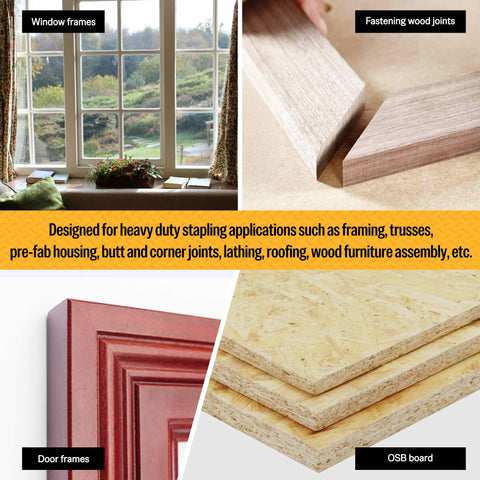 Image showing applications of Corrugated W Staples Fasteners One Half Inch Crown By Three Eighth Inch Length Micro Corrugated Staples, used in window frames, fastening wood joints, door frames, and OSB board for wood framing and projects.