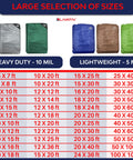 Size selection chart for heavy duty and lightweight tarpaulins, including Heavy Duty 50X50 Foot Waterproof Tarpaulin Tarp Cover 5 Mil Thick Blue