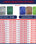 Various sizes of heavy duty 10 Mil and lightweight 5 Mil tarps in multiple colors and dimensions, shown in chart.