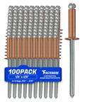 Rock Solid Copper Pop Rivets 1/8 X 3/8 100 Pack showing dome head design and steel mandrel, ideal for heavy-duty projects.