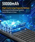 50000mAh high-cycle large capacity battery with overcharge protection and blue design for long-lasting performance.
