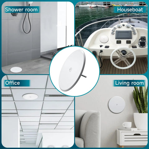 7 Inch Round Cleanout Cover Plate With Large Center Screw, Decorative Blank Access Plate To Hide Plumbing Holes, Sturdy White Build used in various rooms.