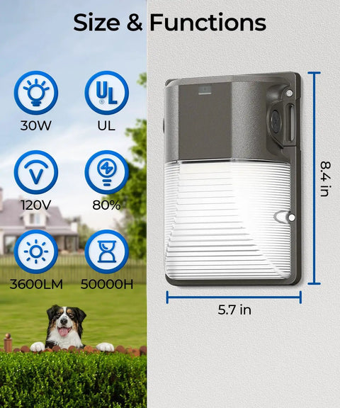 30W 3CCT LED Wall Pack Light With Dusk To Dawn Sensor IP65 showing size and features