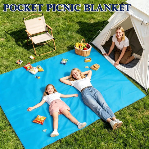 Portable 57x60 Inch Picnic Blanket Waterproof Sandproof Quick Dry Beach Mat laid out on grass with snacks and people