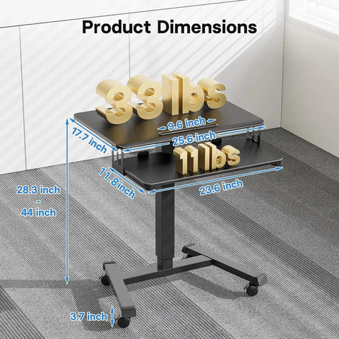 Mobile Standing Desk With Keyboard Tray And Wheels, Sit Stand Laptop Cart On Rollers, Gas Spring Lift Adjustable Height Dimensions