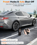 Beast Cordless Tire Inflator with digital gauge and auto shut off connected to car tire, includes LED flashlight.