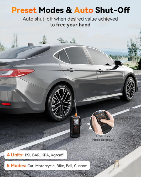 Beast Cordless Tire Inflator with digital gauge and auto shut off connected to car tire, includes LED flashlight.