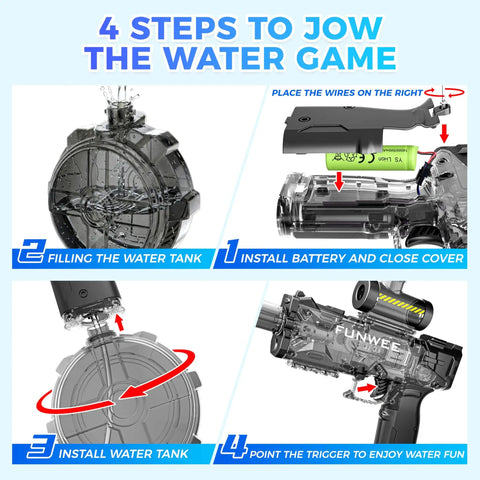 Electric Water Guns 2 Pack Light Up Auto Squirt Blasters with assembly steps, battery insertion, and water tank installation guide.