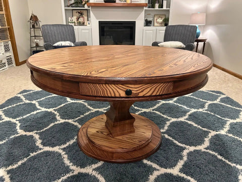 Wooden round table on patterned rug in living room, ideal for use with Heavy Duty Circle Cutter Router Jig Pro Grade Circle Jig Kit.