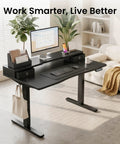 Top Shelf Electric Standing Desk 55x26 Inch With Dual Monitor Shelf And Two Drawer Storage C Clamp Mount, shown in a home office setting.