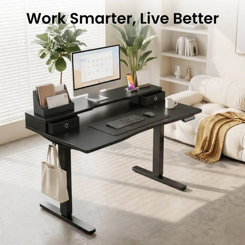 Top Shelf Electric Standing Desk 55x26 Inch With Dual Monitor Shelf And Two Drawer Storage C Clamp Mount, shown in a home office setting.