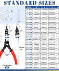 Snap Ring Pliers Set with 4 Interchangeable Jaws and 260Pcs Internal External Circlips Assortment Kit standard sizes chart