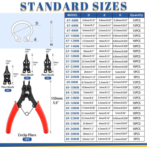 Snap Ring Pliers Set with 4 Interchangeable Jaws and 260Pcs Internal External Circlips Assortment Kit standard sizes chart