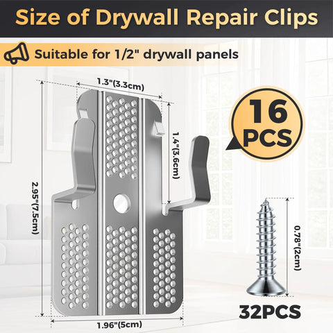 Image showing size dimensions for 16 Pack No Sweat Drywall Repair Clips For Wall Patch Fixes Rust Resistant Stainless Steel.