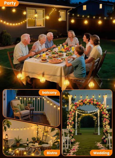 Backyard dinner party with 100 Feet Outdoor String Lights With 50 LED G40 Bulbs Plus 2 Spares Shatterproof Waterproof Warm Edison White 2200K