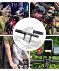 Collage showcasing Kid Friendly MTB Handlebar Extender for Mountain Bikes with accessories like lights and phone mount.