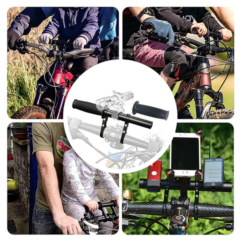 Collage showcasing Kid Friendly MTB Handlebar Extender for Mountain Bikes with accessories like lights and phone mount.