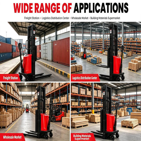 Heavy Duty 3300 Lbs Semi Electric Straddle Pallet Stacker With A Smooth 48V Motor Plus Durable Polyurethane Tires in various warehouse environments.