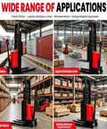 Heavy Duty Semi Electric Straddle Stacker Pallet Jack With 3300 Lbs Capacity in a busy warehouse environment.