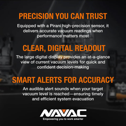 Micron Vacuum Gauge For HVAC With Digital Readout And Level Alarm NMV1 Leakage Warnings Large Backlit Display Pirani Sensor Pro Grade Vacuum Tool For Reliable Leak Detection And HVAC Pros with precision alerts