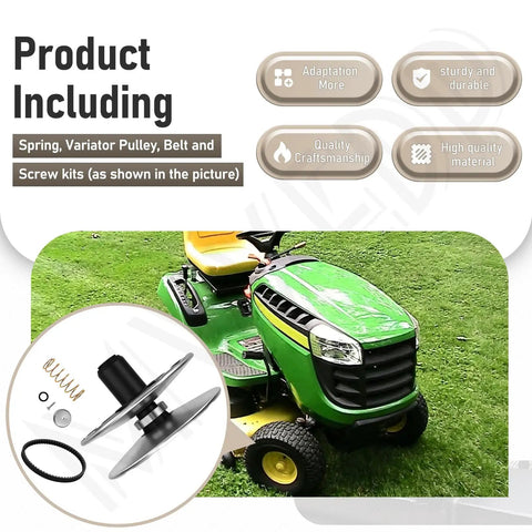 Secondary Variator Belt Pulley Kit GT79244 MIA12482 with spring, belt, and screws beside John Deere lawn tractor