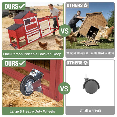 Mobile Chicken Coop On Wheels For Four To Six Hens With Run, Large Outdoor Hen House With Weatherproof Asphalt Roof, red coop
