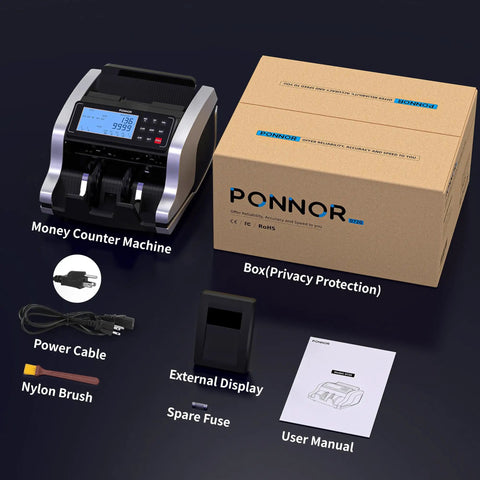 Fast Money Counter With Fake Bill Detection And Multispectral UV MG IR MT DD Sensors Counts Dollars And Euros And Has Value Count Add Batch Auto Modes External LCD Display For Easy Verification next to box, cables, and user manual