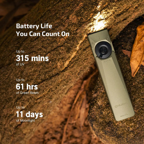 Arkfeld Ultra 1400 Lumen EDC Flashlight With USB Rechargeable Battery Pocket Size Flat Bezel resting on a log showing battery life