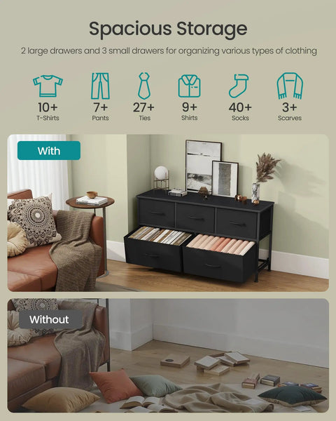 Totally Five Drawer Dresser For Bedroom And Entryway, Steel And MDF Chest With Fabric Bins in Ink Black and Ebony Black