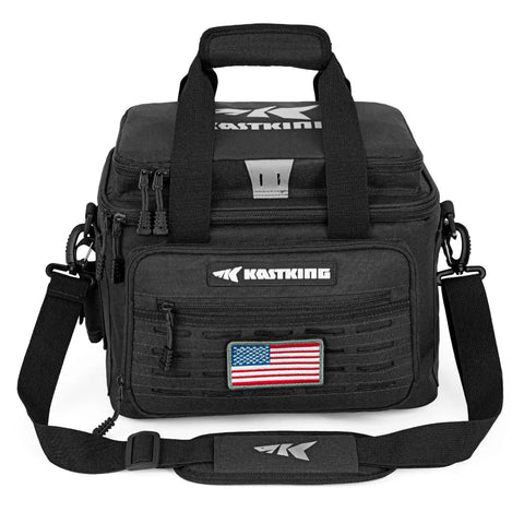 Karryall Tackle Bags Water Resistant Gear Storage with padded shoulder strap, wide mouth design for six 3600 size boxes, front view.