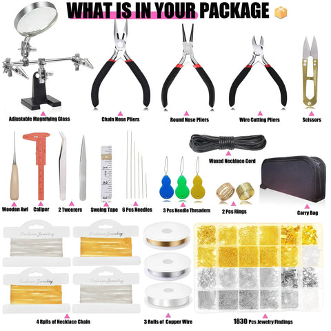 All In One Jewelry Making Kit With Tools And Findings, Chains, Copper Wires, Adjustable Magnifier, Beading String, Carry Bag components