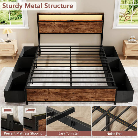 Queen Bed Frame With A Slick Two Tier Storage Headboard And Built In Charging Station Plus Six Roomy Drawers For A Game Changing Sleep Setup And Effortless Daily Flow in a modern bedroom.