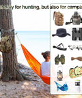 Illustration of Tree Stand Gear Hangers With 3 Metal Hooks Thick Strap Bow Hanger For Hunting on tree with camping gear display.