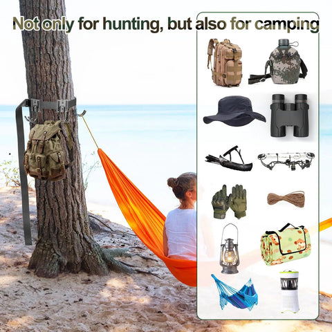 Illustration of Tree Stand Gear Hangers With 3 Metal Hooks Thick Strap Bow Hanger For Hunting on tree with camping gear display.