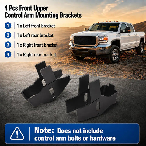 Front Upper Control Arm Mounting Brackets Kit For Chevy Silverado 2500HD And GMC Sierra 2500HD 2001 To 2010 Frame Weld In Suspension Repair Heavy Duty Steel 4 Piece displayed next to a truck on rocky terrain