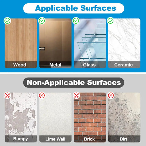 Surfaces compatible with Heavy Duty Weatherproof Seal Tape 2 Inch By 30 Yards, including wood, metal, glass, and ceramic.