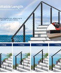 10 Ft Black Aluminum Handrail Featuring Pro Grade Powder Coating And Top Shelf Nylon End Caps shown on stairs with different cut lengths.
