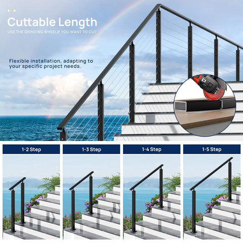 10 Ft Black Aluminum Handrail Featuring Pro Grade Powder Coating And Top Shelf Nylon End Caps shown on stairs with different cut lengths.
