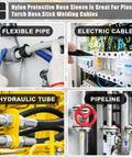 Nylon Protective Hose Sleeve for Plasma and Stick Welding Cables, showing flexible pipe, electric cable, hydraulic tube, pipeline.