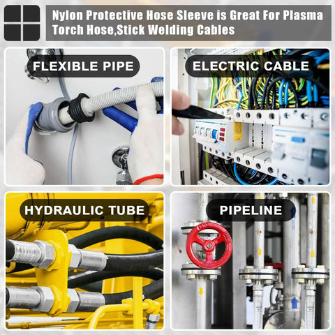 Nylon Protective Hose Sleeve for Plasma and Stick Welding Cables, showing flexible pipe, electric cable, hydraulic tube, pipeline.